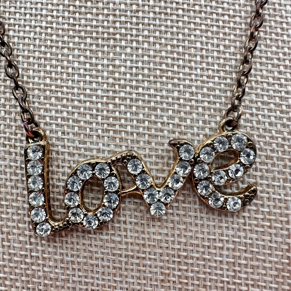 Vintage Y2K Gold Tone Love Pendant Necklace Clear Rhinestones Women's Jewelry